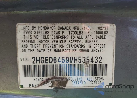 1991 Honda Civic Dx from USA, damaged, VIN 2HGED6459MH535432